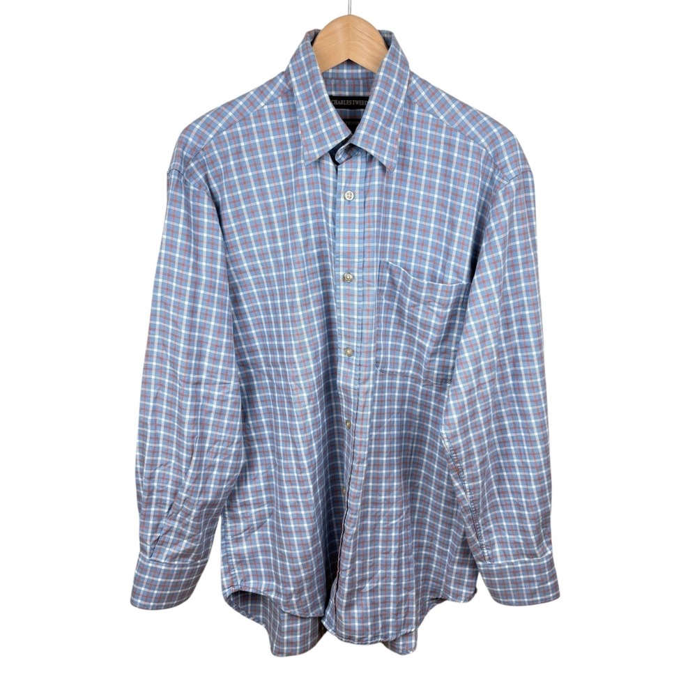 Charles Tweed Cotton Blue Orange Plaid Button-Down Shirt Men's 16‎ - 16 1/2